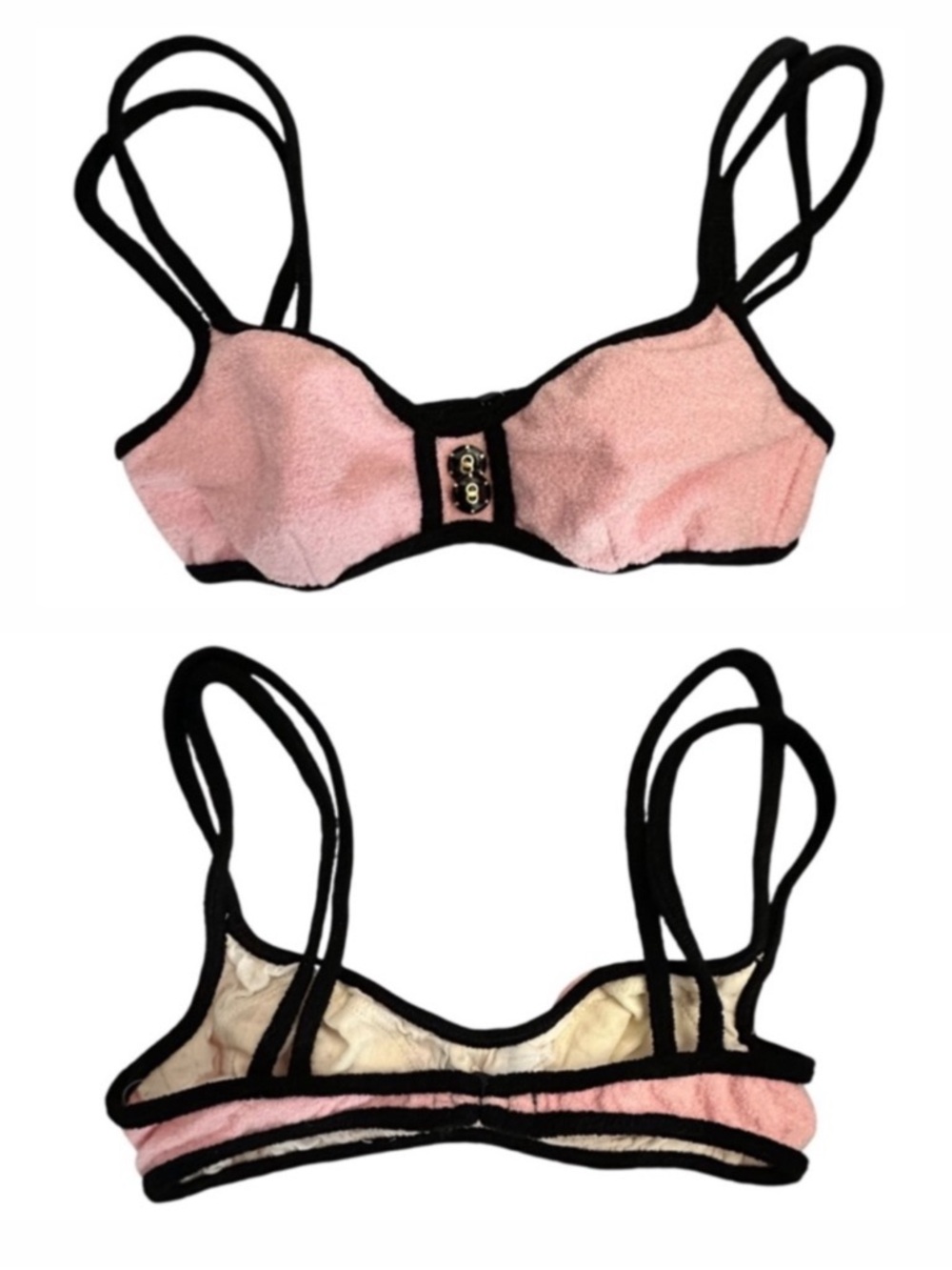 Vintage LA BLANCA Pink Terry Cloth Bouclé Swim Bikini Top Black Trim 8 (XS S M)